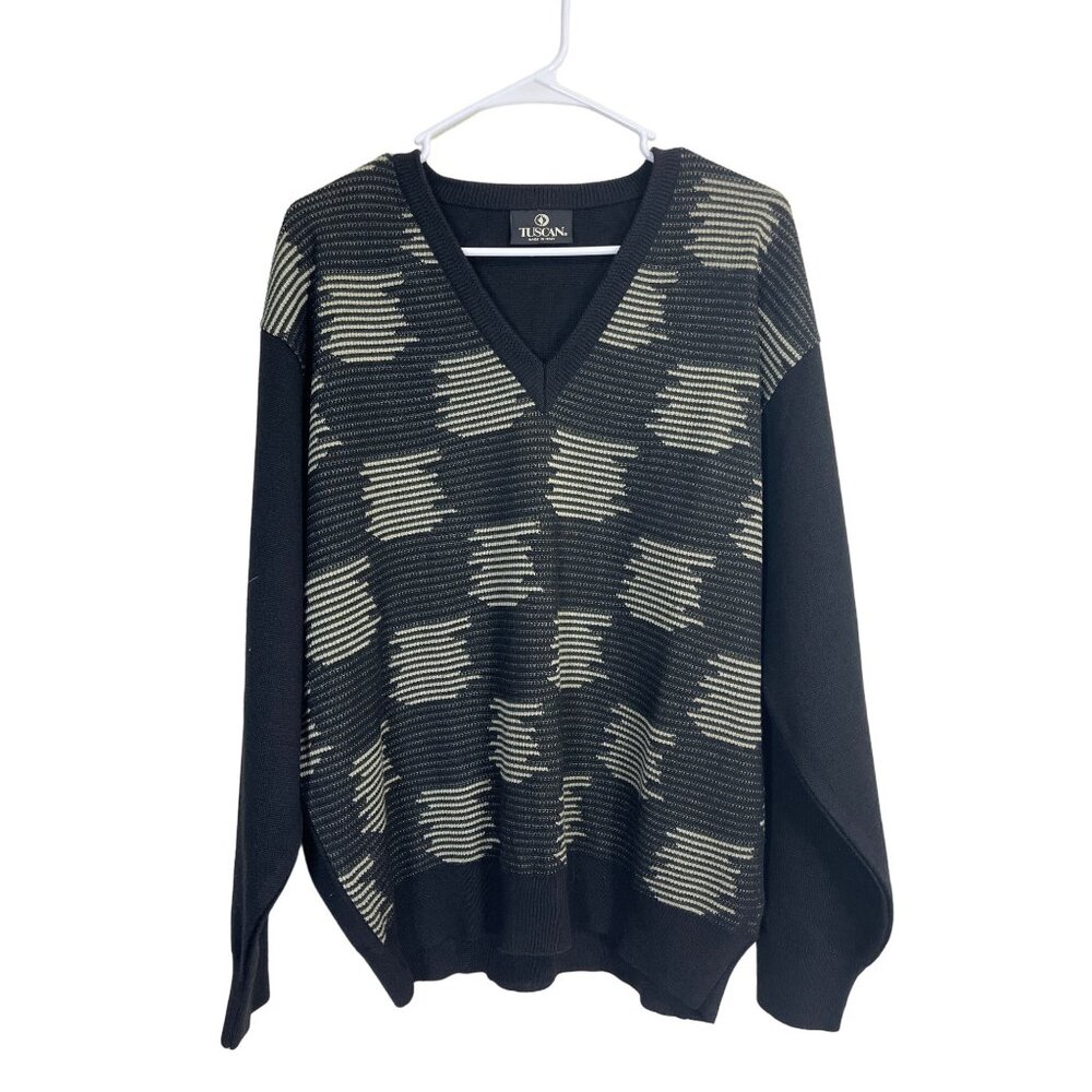 Tuscan Men's Size L Sweater V-Neck Wool Blend Black Beige Made in Italy